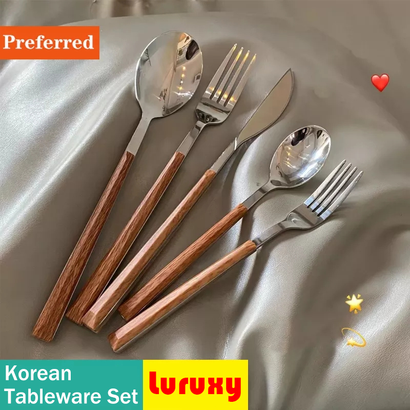 Bamboo Cutlery - ชุดอุปกรณ์ใช้บนโต๊ะอาหารสแตนเลสสตีลเกาหลีด้ามไม้ set peralatan Makan มีดส้อมช้อนตะเกียบชุดชุดภาชนะอาหารเย็น