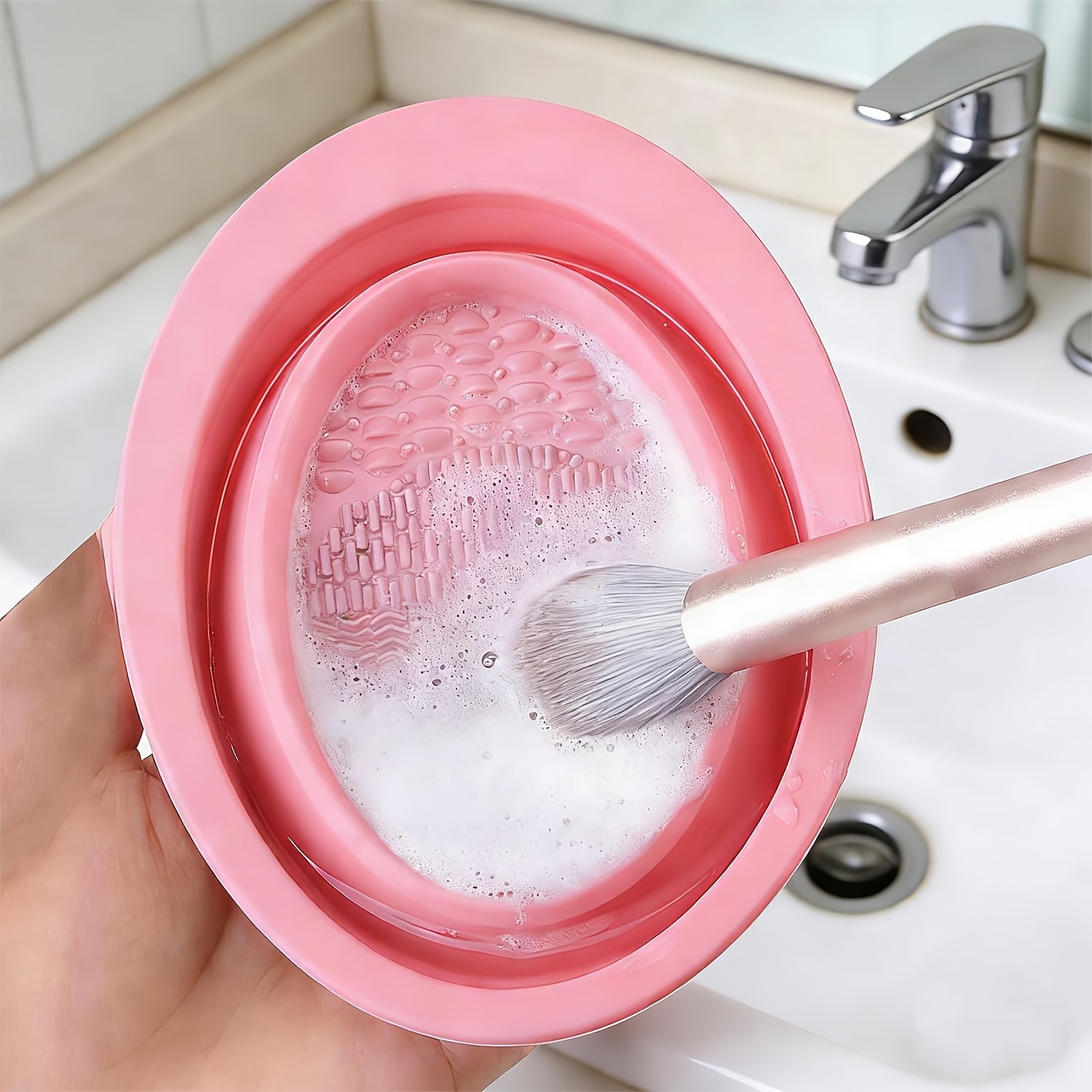 Eco Sponge - ชามทำความสะอาดแปรงแต่งหน้าซิลิโคนแบบพับได้, ที่ขัดทำความสะอาดสำหรับแปรง พัฟ และฟองน้ำ, อุปกรณ์ล้างสำหรับเดินทาง, ขนาดกะทัดรัด