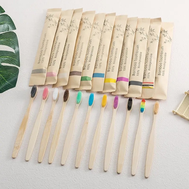 Bamboo Toothbrush - แปรงสีฟันไม้ไผ่ธรรมชาติ 10 แพ็ค เป็นมิตรกับสิ่งแวดล้อม สำหรับครอบครัว โรงแรม