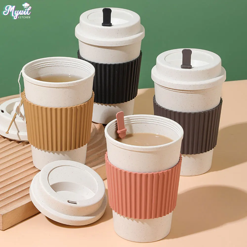 Reusable Straw - 450ML ถ้วยกาแฟพร้อมฝาปิดฟางข้าวสาลีแบบพกพาถ้วยกาแฟเครื่องล้างจานปลอดภัยแก้วกาแฟชากาแฟถ้วยท่องเที่ยว